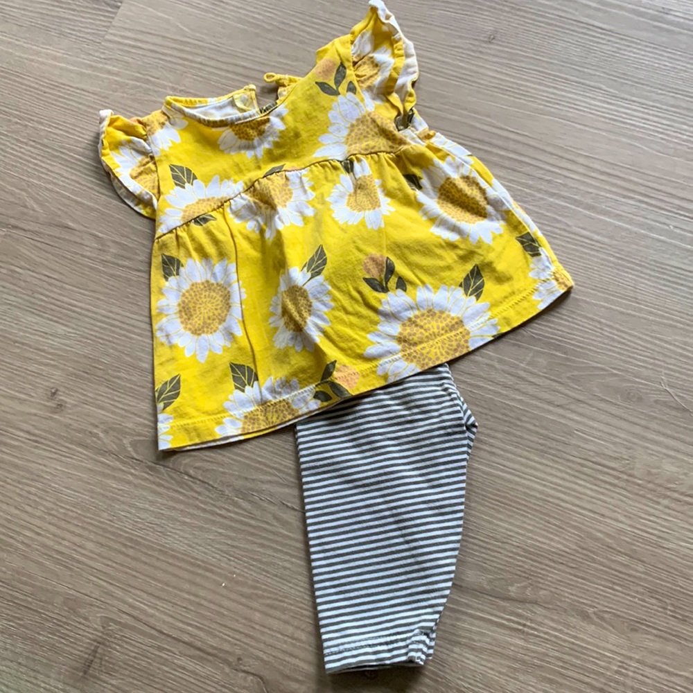 Floral print yellow top with stripe capris. Size 18m. Carter’s